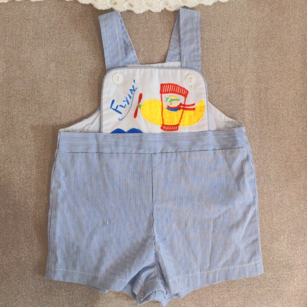 Vintage blue striped airplane overall shorts